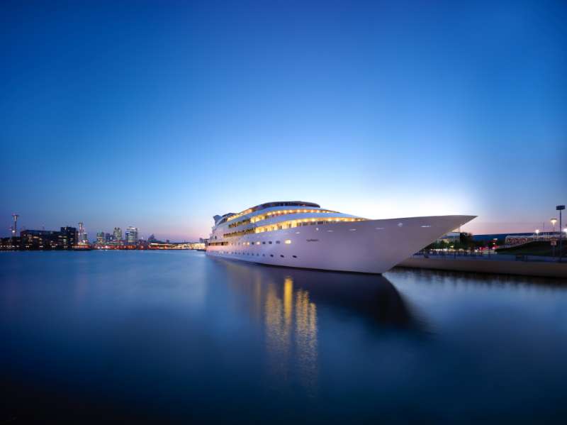 The Sunborn Yacht London moored at sunset